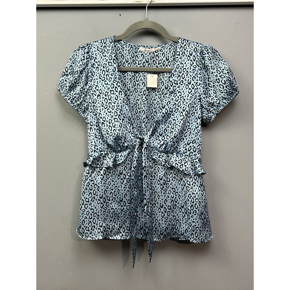 Mi Ami Blouse Womens Small Blue Leopard Print Short Sleeve Tie Front Ruffle Top